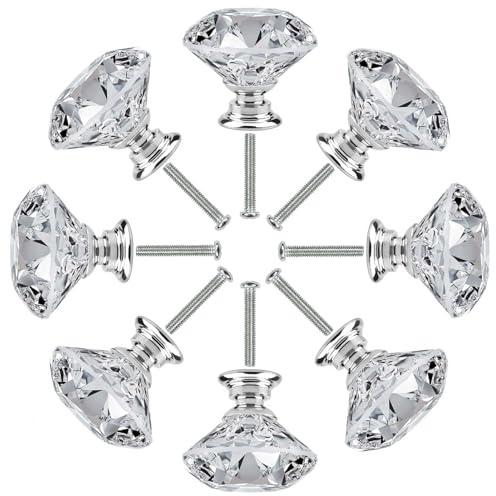 Pomelli per Mobili,8 PCS Manopole del Cassetto con Vite Manopola a Forma Diamanti Trasparente Pomello Cucina Pomelli di Cassetto 30mm Manopole di Cristallo per Armadietto Porte Cassetti Accessori