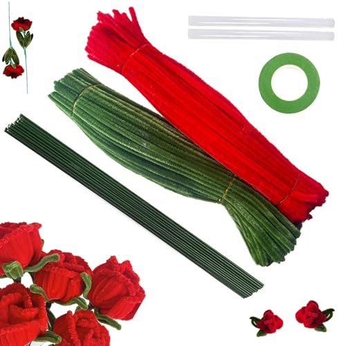 Barlone 200 Stück 2 Farben Pfeifenputzer Bunt Set, für Rosensträuße Pfeifenreiniger Blumen Set, mit 10 Stück Grün Basteldraht,1 Stück Klebeband,2 Stück Klebestifte, für DIY Pipe Cleaner Flower Set