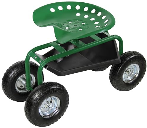 Helo Rollbarer Gartensitz mit Werkzeugablage, 150 kg Belastbarkeit, Stahl, Rollsitz, Grün, Arbeitssitz, Rollwagen, Gartenhocker (Modell G3)
