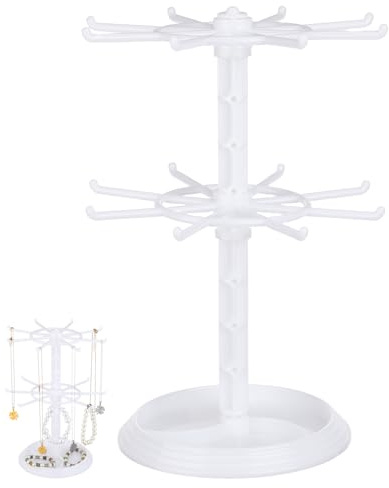 DEARMAMY Rotating Jewelry Stand, 2 Tier Necklace Holder Bracelet Hanging Organizer Keychain Jewelry Display Stand Plastic Jewelry Rack for Malls Counter Dressing Table (White)