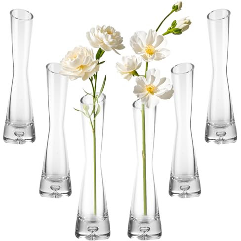 SENENQU Confezione da 6 vasi in vetro per fiori, alti 20 cm, a stelo singolo, piccoli vasi per fiori trasparenti, decorativi per la tavola, matrimoni, feste, compleanni, baby shower