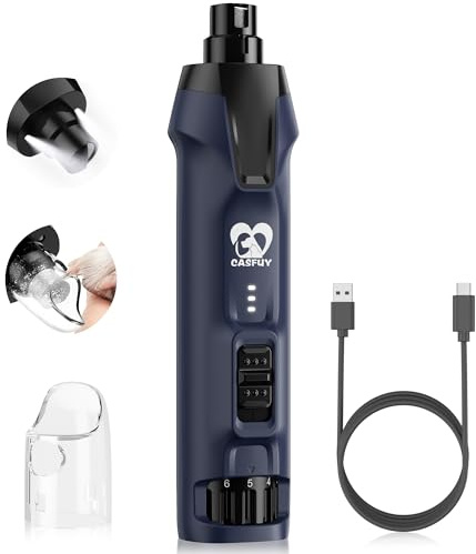 Casfuy 6-Gang-Hunde-Nagelschleifer - 50% Boosted Power Hund Nagelschneider Leise mit Dual-LED-Leuchten & Staubsammler & 4,8 V Kupfermotor Elektrische Haustier Zehennagelfeile Werkzeug für große