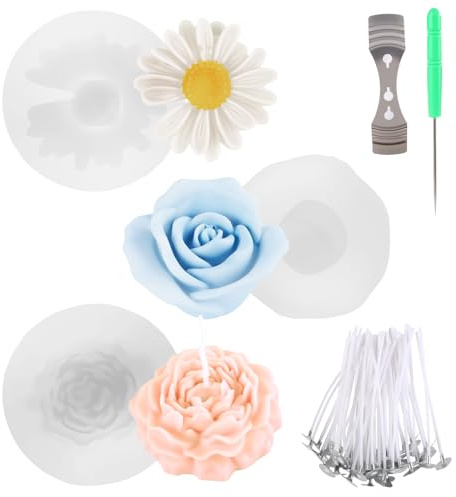 iulrtba 3 Stück Kerzen Silikonformen Blumen, Pfingstrose Rose Daisy Silicone Kerzenform, Silikonformen Gießformen Kerzen, Silikonform Kerzen Blumen für DIY Herstellung Kerzen Seifen Gipsharzhandwerk