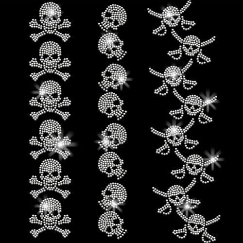 SUPERDANT Totenkopf Streifen Strass Zum Aufbügeln Totenkopf Strass Hotfix Transfer Patch Halloween Glitzer Bügelbilder Applikationen Wärmeübertragungsaufkleber Für Halloween Kleidungsdekoration