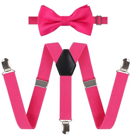 Alizeal 2.5cm Elastic Adjustable Braces 3 Clip X-Back Suspender and Bow Tie Set for Kids, Hot Pink
