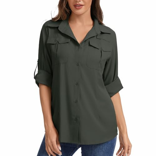 Women's Safari Shirt, UPF 50 UV Protection Clothing, Quick Dry Long Sleeve Blouse for Safari, Hiking, Walking, Fishing, Outdoor Travel Outfit (Army Green-S)