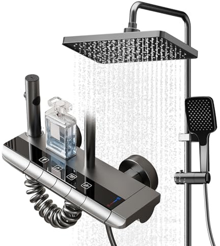 Complete Shower Mixer Set with Piano Key Buttons, Grey | 4-Function Thermostatic Shower Mixer Set with Rainfall Shower, Handheld Shower, Pull-Out Spray Gun and 85–145 cm Riser Rail.