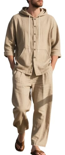 Herr 2-delat linne kläder - huva - lös passform casual knappar skjortor långa byxor tvådelat set, för streetwear, Khaki, S