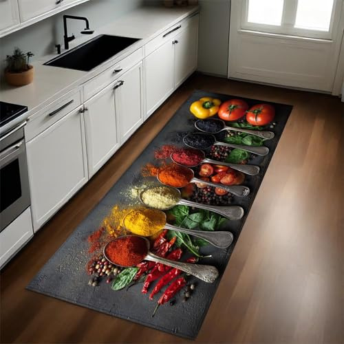 Dunkelgrau Küchenmatte 60x120 cm Gewürze, Gemüse und Würzmittel Design rutschfest und Waschbar Küchenteppich Badvorleger Geeignet für Flur Küche Badezimmer