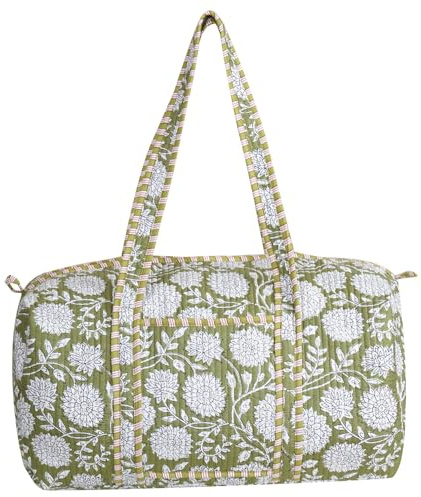 LKGSM Handmade Cotton Quilted Weekender Bag, Floral Indian Print Duffle, Bohemian Overnight Travel Tote for Women, Large Carry-on Luggage, Floral Gym Bag (B)