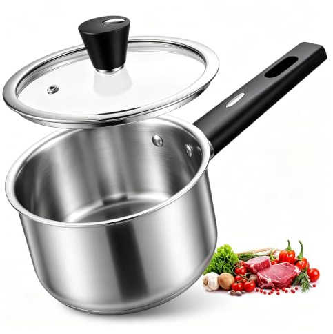 Tieplis 16cm Saucepan, Tri-Ply Stainless Steel Milk Cooking Pan with Glass Lid, Durable Cookware for Healthy Cooking, Suitable for Induction, Gas & Electric Hobs, Mirror Finished & Easy Clean