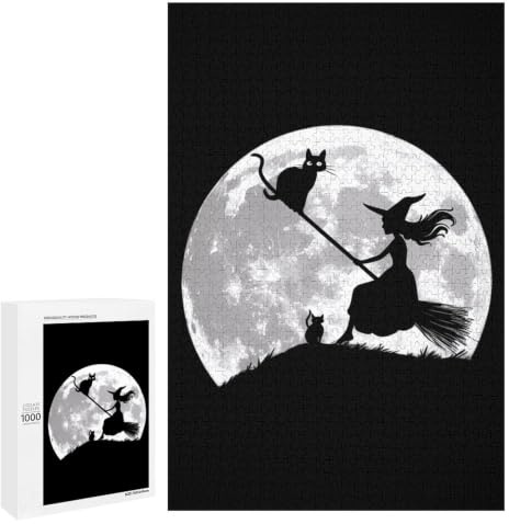 Flying Witch On Broomstick Full Moon Wooden Puzzles for Adults Unique Jigsaw Puzzle Wall Decor