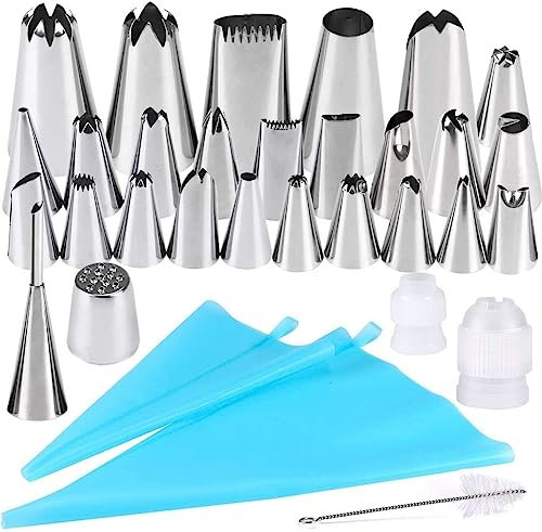 Gyvazla Decorazione Torta, 32 Pieces with 20 Punte in Acciaio Inox, 5 Grande Puntali per piping, 1 Grass Nozzle, 1 Punta a sbuffi, 2 Accoppiatori, Spazzola, 2 Silicone Riutilizzabili Pasticceria