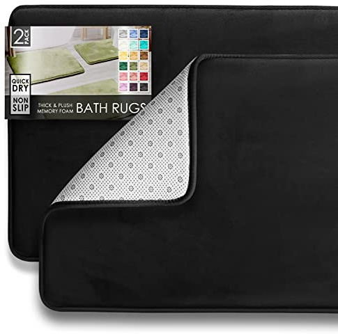 Clara Clark Bathroom, Velvet Memory Foam Mat, Non-Slip Bath Rugs Ultraweicher, Rutschfester und saugfähiger Badezimmerteppich, Samt Fleece, Schwarz, 17 x 24 + 20 x 32, 2
