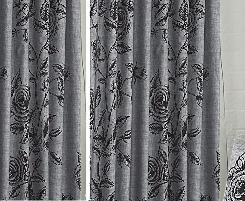 My Home 66 x 72 Wild Rose Slate, Curtains With Tie Backs, Floral Leaves Criss Cross Thatch Linen Look Effect, Grey Charcoal Black