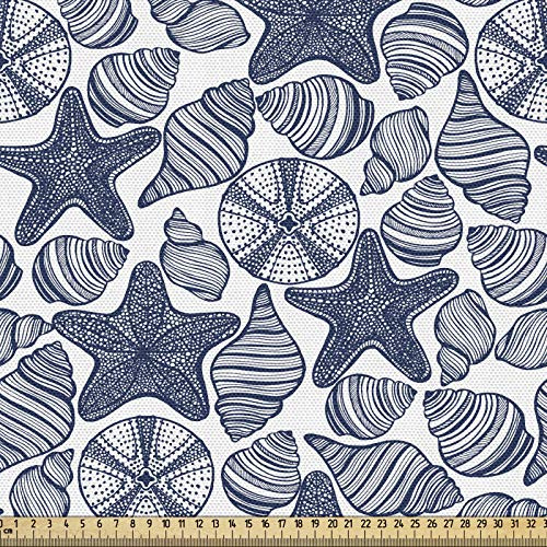 ABAKUHAUS Blau und weiß Gewebe als Meterware, Seestern Muscheln, Dicht Gewebter Stoff zum Nähen Polster Wohnaccessoires, 3M (148x300cm),Dunkelblau und Weiß