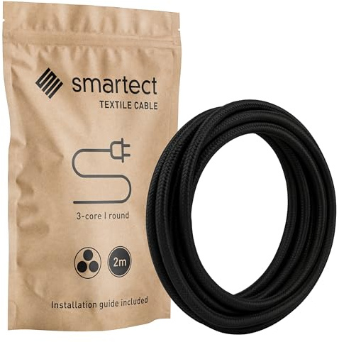 smartect Textilkabel 3-Adrig (3 x 0.75 mm²) Schwarz, 2 Meter | Vintage Lampenkabel Stoff, Stromkabel textilummantelt für eigenes DIY Projekt