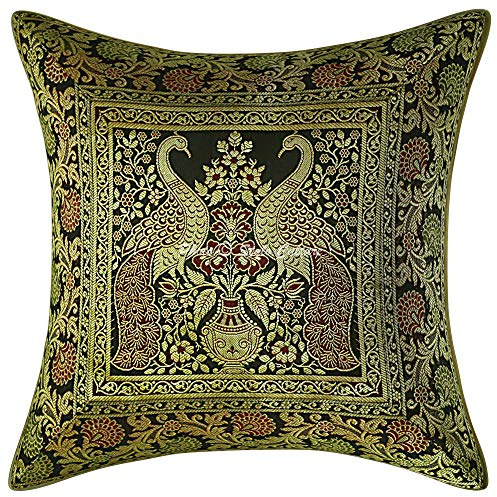 Stylo Culture Ethnicas Forros De Cojines Decorativa 40x40 cm Brocado De Seda Pavo Real Fundas Almohadones Cama Negro 16x16 Inch Jacquard Cuadrado Cremallera Fundas De Cojines De Sofa - 1 Pc