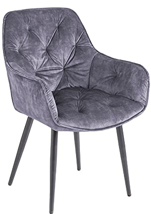Stuhl MILANO - 59cm - grau - Samt Metall-Beine Armlehne Ziersteppung Design | hoher Komfort, bequeme Polsterung, stabil, Esszimmerstuhl, Eyecatcher, extravaganter Armlehnenstuhl