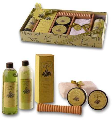 Olive No. 047 - Bade- und Pflegeset (7-teilig) mit Olive von Raphael Rosalee Cosmetics - Badegeschenkset mit Massageroller, Handtuch, Peeling uvm.