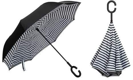 BRATY DECORATIONS Umgekehrter Stockschirm mit Doppelschicht-Design und C-förmigem Griff – windfest & innovativ Regenschirm – Schwarze Streifen