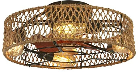 YUNZI Ventilateur De Plafond Industriel 48CM De Style Ancien Plafonnier Vintage Tissé À La Main avec Ventilateur Et Télécommande Réversible DC Silencieux 6 Vitesses pour Restaurant Farmhouse-B