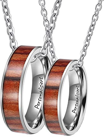 KnSam Halskette Paare zum Beschriften 2 Stück, Edelstahl Anhänger Ringe 6mm Holz Partner Ketten Wunsch Text Silber, Herrenkette 60cm, Damenkette 50cm, Größe 54 & 62