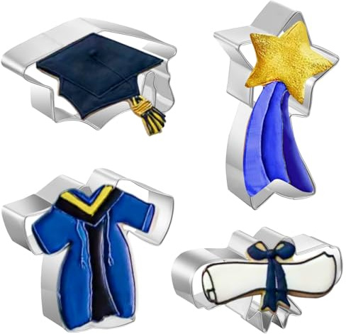 JOB JOL - Cortadores de galletas de graduación, 4 unidades, para graduación, diploma, vestido de graduación | Gorra de graduación, vestido, diploma, estrella fugaz