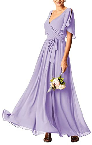 KURFACE Vestidos de dama de honor de boda para mujer, manga corta, vestidos largos de gasa con bolsillos, Lila, 38