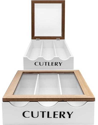 Maison Des Cadeaux White Wooden 3 Compartment Cutlery Holder Utensil Organiser Storage Box with Window Lid (US410)