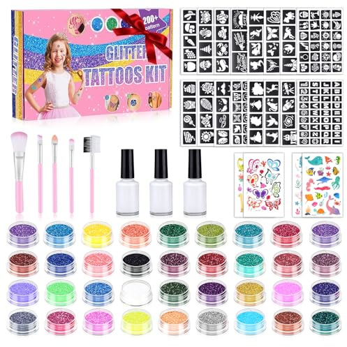 Glitzer Tattoo Set, Glitzertattoos Kinder Set für Mädchen - 36 Farben,220 Tattoos Schablonen Temporäre Kinder Inkl. 5 Pinsel & 3 Kleber Geschenk für Mädchen Geburtstag Party Ostern Weihnachten