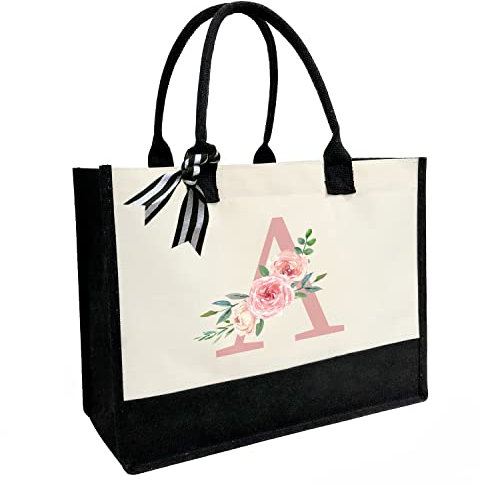 Sac de plage personnalisé en toile, sac fourre-tout en toile avec poche intérieure zippée, double bandoulière, sac en jute monogrammé pour le travail quotidien, les voyages, Lettre A rose, Taille