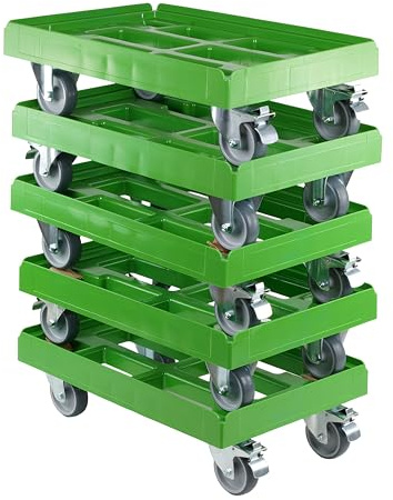 5 Stück Transportroller für Kisten 60 x 40 cm mit 2 Bockrollen und 2 Bremsen in grün