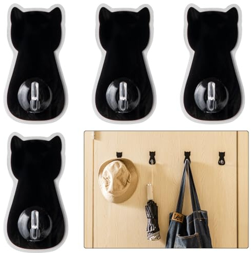 DeryArcle 4 Stück Katze Wandhaken, Schwarz Tiere Klebehaken Niedliche Selbstklebend Schlüsselhaken Kleiderhaken Kunststoff Cat Hooks für Robe Mantel Hüte Handtuch Taschen (Typ B)