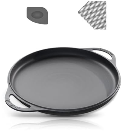 COOKLIFE 12 Inch Smooth Cast Iron Griddle with Pan Scraper and Mesh Dish Scrubber, Round Pre-Seasoned Griddle Pan for Stove Top, Oven Safe Pizza