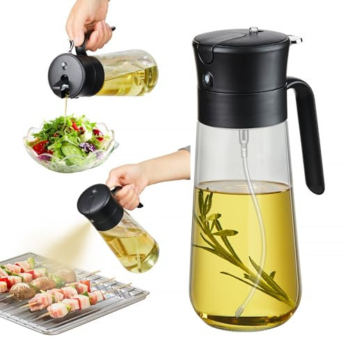 hoforife 500ML 2 in 1 Glass Olive Oil Dispenser & Oil Sprayer Bottle for Kitchen Cooking, Auto Flip Cap Black
