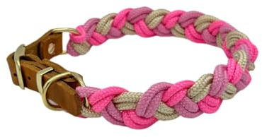Pfoten Chic geflochtenes Tau Halsband | Tauhalsband geflochten für Hunde mit edlen Leder Applikationen | Leder Halsband (Neon Pink Light Gold Rosa, Beschläge Gold)