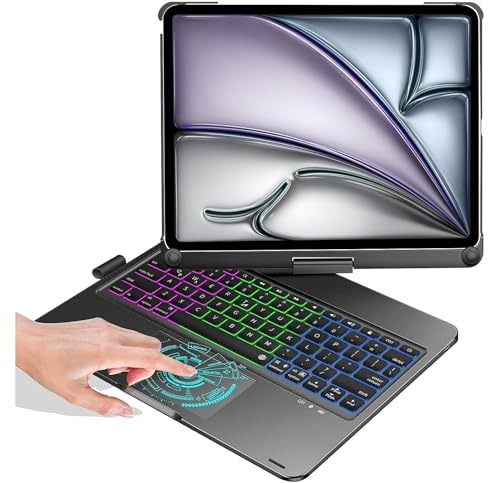 Funda con Teclado Español Rotación 360° para iPad Air 11 M2/M3/M4 (2026),Air 4/5 10.9, iPad 10th /11th A16, iPad Pro 11 (2018-2022),Retroiluminado,Trackpad Click-Negro