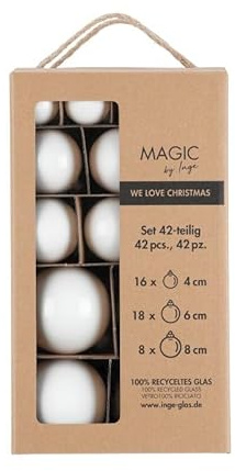 Magic by Inge - Weihnachtskugeln Set 42-teilig Pure White, mit den Durchmessern 4 cm, 6 cm und 8 cm, Christbaumschmuck Glas