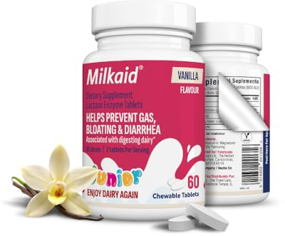 Milkaid Junior Lactase Enzyme Chewable Tablets for Lactose Intolerance | Prevents Gas, Bloating, Diarrhea in Children| Fast Acting Dairy Digestive Supplement for Kids| 60 ct (60 Tablets, Vanilla)