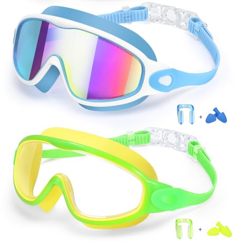 EverSport Goggles for Kids 6-14, 2 Pack Swimming Goggles, Clear Vision Anti-fog Pool Swim Goggles with Nose Cover Wide View Water Swim Mask for kids Toddler Girls Boys Teens age 4-7 8-14 8-12 3-5 3-6