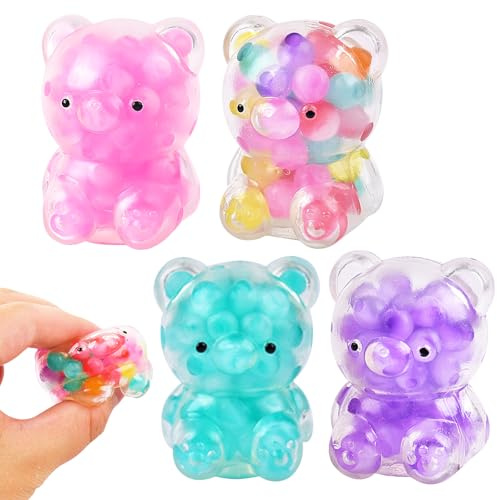 4 Stück Squeeze Toys, Transparenter Bär mit Wasser Perle, Anti Stress Spielzeug Antistressbälle, Süßer Bär Weicher Knautschball Spielzeug, Anti Stress Spielzeug Toys für Erwachsene und Kinder (A)
