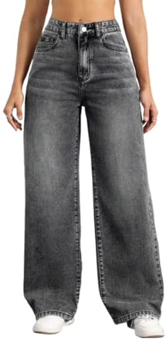 shownicer Baggy Jeans Damen High Waist Jeanshosen Weites Bein Jeans Stretch Straight Jeans Hosen Casual Lose Damenhose Freizeithose Wide Leg Denim Pants C Grau M