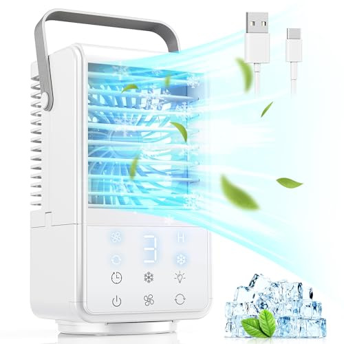Air Cooler, 1000ML Portable Air Conditioner with 3 Wind Speeds, 7 Night Light and Timing Function, 90° Rotatable Evaporative Air Coolers Quiet Desktop Mini Air Cooler Fan for Home Office Dorm Camping