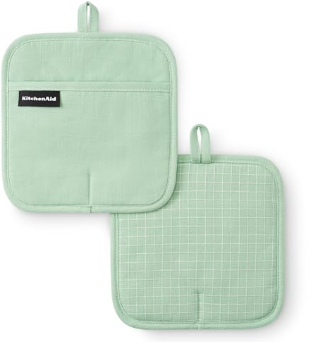 KITCHENAID Set di 2 presine Gourmet Series Gridlines, resistenti al calore fino a 315,6 °C, impugnatura in morbido silicone, polsino magnetico, verde pistacchio, 20,3 x 20,3 cm