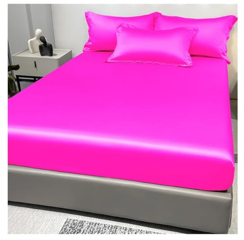 LUKYWANG Linge De Lit en Soie De Glace ﻿1 Drap-Housse Simple en Satin de Couleur Unie, Couvre-lit en Soie glacée de Couleur Unie for Chambre à Coucher, literie Drap Housse Satin(Rose Red,180x200cm)