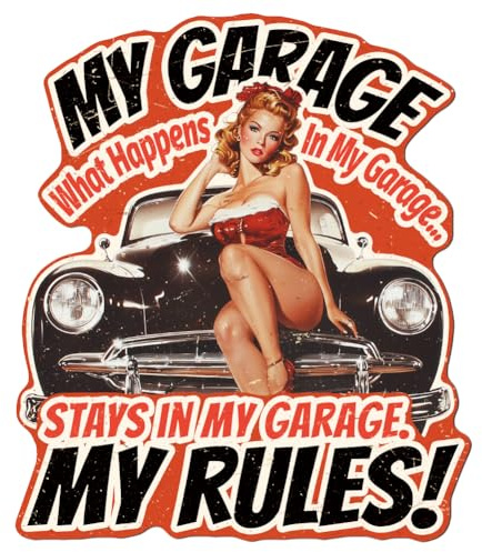 WADORN Cartello Vintage In Metallo con Scritta Garage Pin Up Woman, 28x32.3cm Divertente Il Mio Garage Le Mie Regole Cartello In Metallo Retro Sesso Donne Poster Da Parete Targa per Casa Club Bar