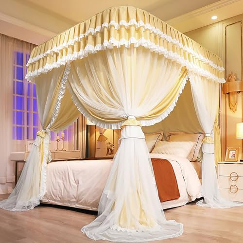 LUOZIQINX Moskitonetz für Bett, LuxuriöSe Baldachin aus Mesh & Stoff, Doppelschichtiges Prinzessin Betthimmel für die Schlafzimmerdekoration,Gelb,W150xL200xH210 cm
