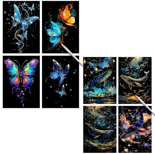 Vxcvzv 8pcs A4 Scratch Art Kit,Glow in the-Dark Engraving Craft Set with Butterfly and Whale Designs,Arts and Crafts Gifts for Kids Teens Adults Birthday Present