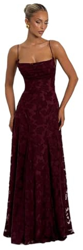 Lomeuuu Chiffon Halter Dress, Jacquard Backless Design, Thin Straps, Square Neck, Floor Length, Size S-L (Burgundy,S)
